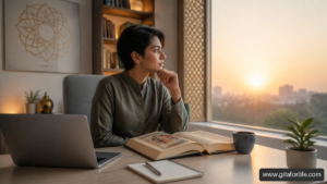Working professional reflecting beside an open Bhagavad Gita, laptop, and notebook at a sunlit desk.