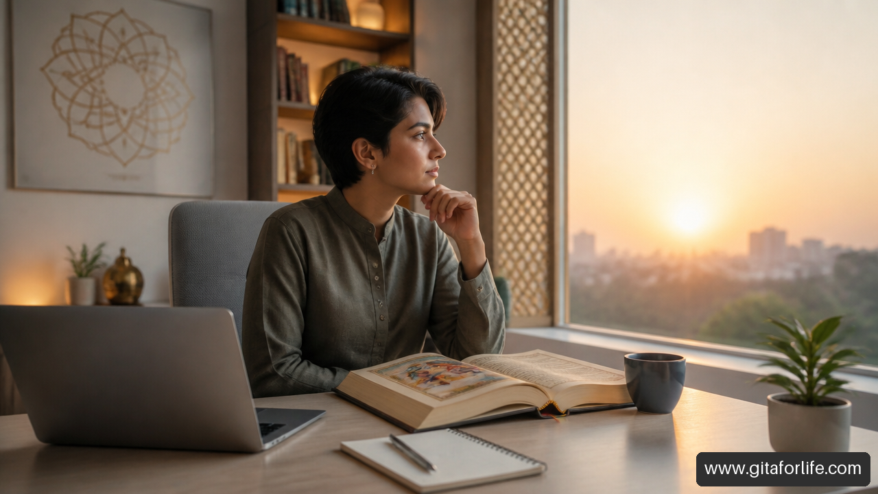 Working professional reflecting beside an open Bhagavad Gita, laptop, and notebook at a sunlit desk.
